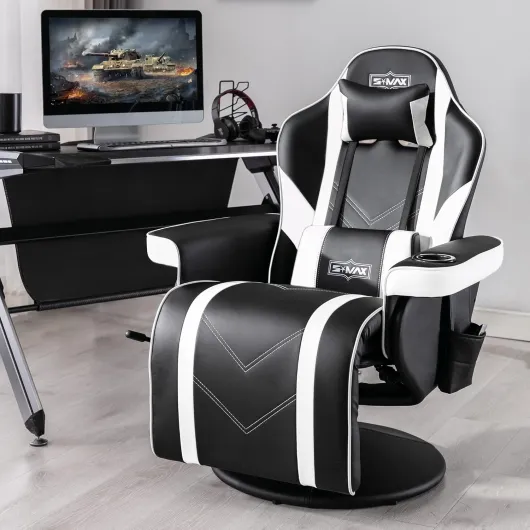 S*MAX Chaise Gaming avec Dossier Fauteuil Gaming Plus Haut et Support Lombaire Plus Large Chaise Gamer en Cuir PU avec Dossier et Repose-Pieds réglables Porte-gobelet Siege Gaming Blanche Large Large Blanc
