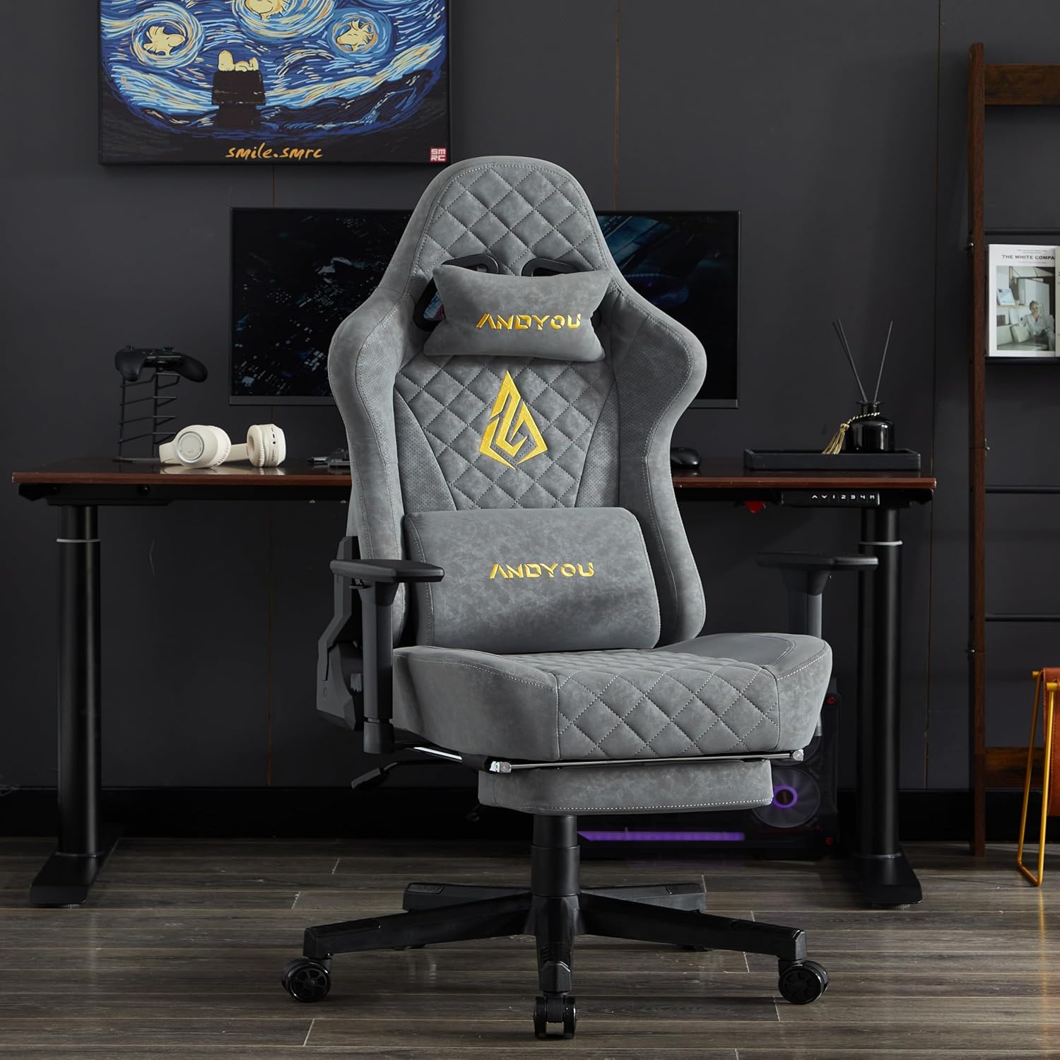 Andyou Chaise Gaming Ergonomique et Fauteuil Gamer avec Repose-Pieds Télescopique Coussin à Ressorts, Support Lombaire et Hauteur Réglable 200kg Gris - Motif Losange
