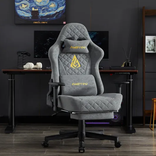Andyou Chaise Gaming Ergonomique et Fauteuil Gamer avec Repose-Pieds Télescopique Coussin à Ressorts, Support Lombaire et Hauteur Réglable 200kg Gris - Motif Losange