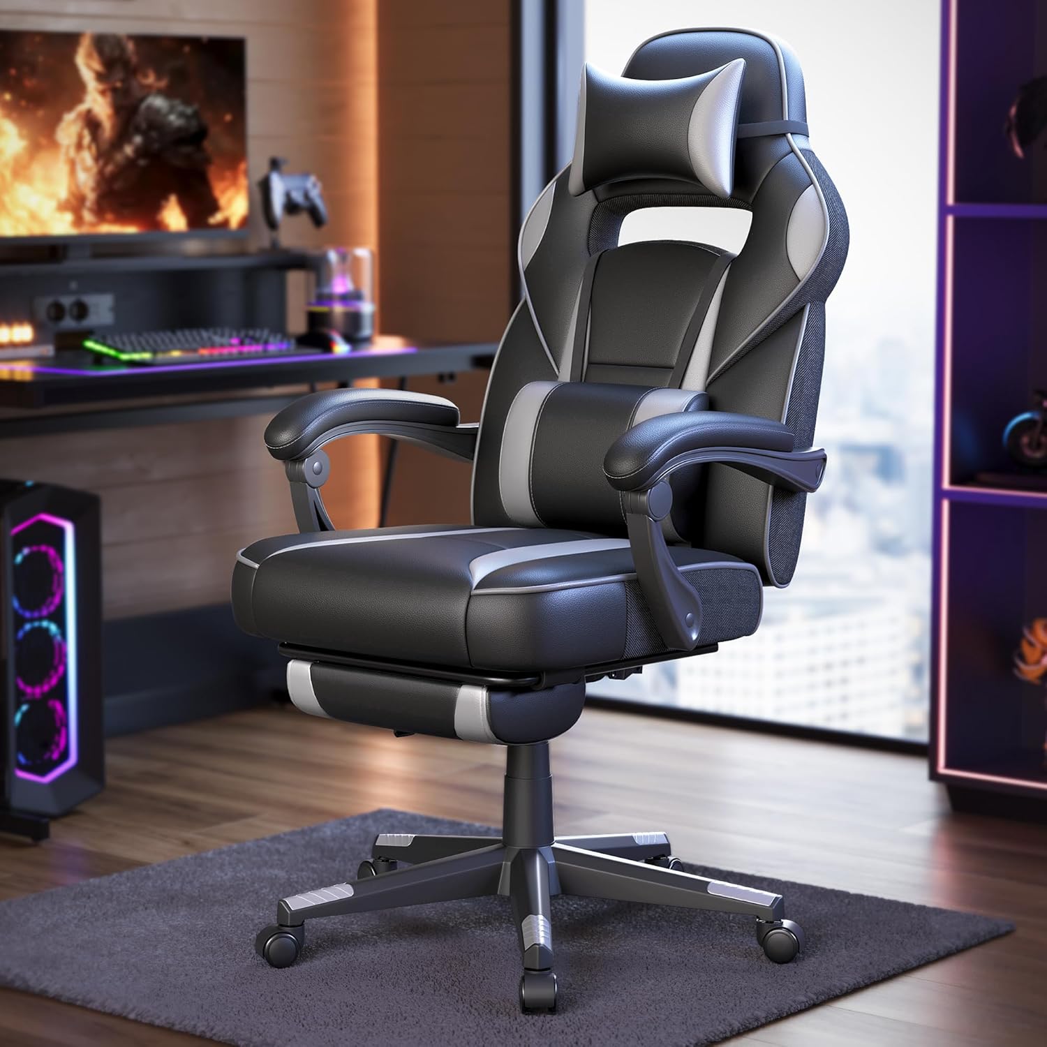Fauteuil de Bureau, Chaise Gaming, RÉglable, Repose-pieds TÉlescopique, MÉcanisme À Bascule, Appui-tÊte, Support Lombaire, Charge 150 kg, Noir d'Encre et Gris Tourterelle OBG073B03 Encre Noire + Gris Tourterelle Nylon