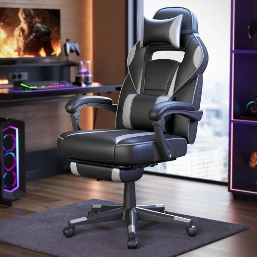 Fauteuil de Bureau, Chaise Gaming, RÉglable, Repose-pieds TÉlescopique, MÉcanisme À Bascule, Appui-tÊte, Support Lombaire, Charge 150 kg, Noir d'Encre et Gris Tourterelle OBG073B03 Encre Noire + Gris Tourterelle Nylon