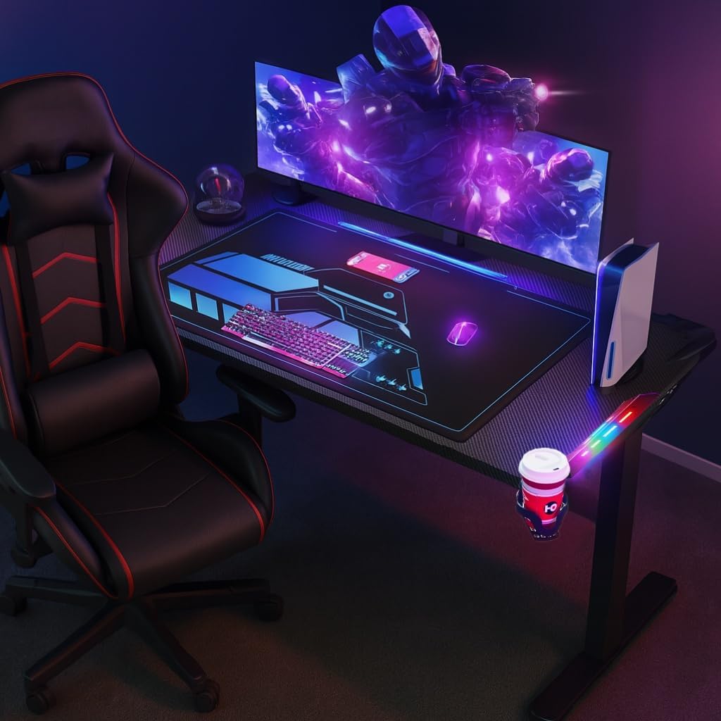 Bureau Gaming LED, 180 x 70 cm Grande Bureau Gamer, Bureau Informatique Ergonomique avec Table Gaming en Fibre de Carbone, Rangement,Tapis de Souris, Porte-gobelet et Crochet pour Casque, Noir LED-180x70x80 cm