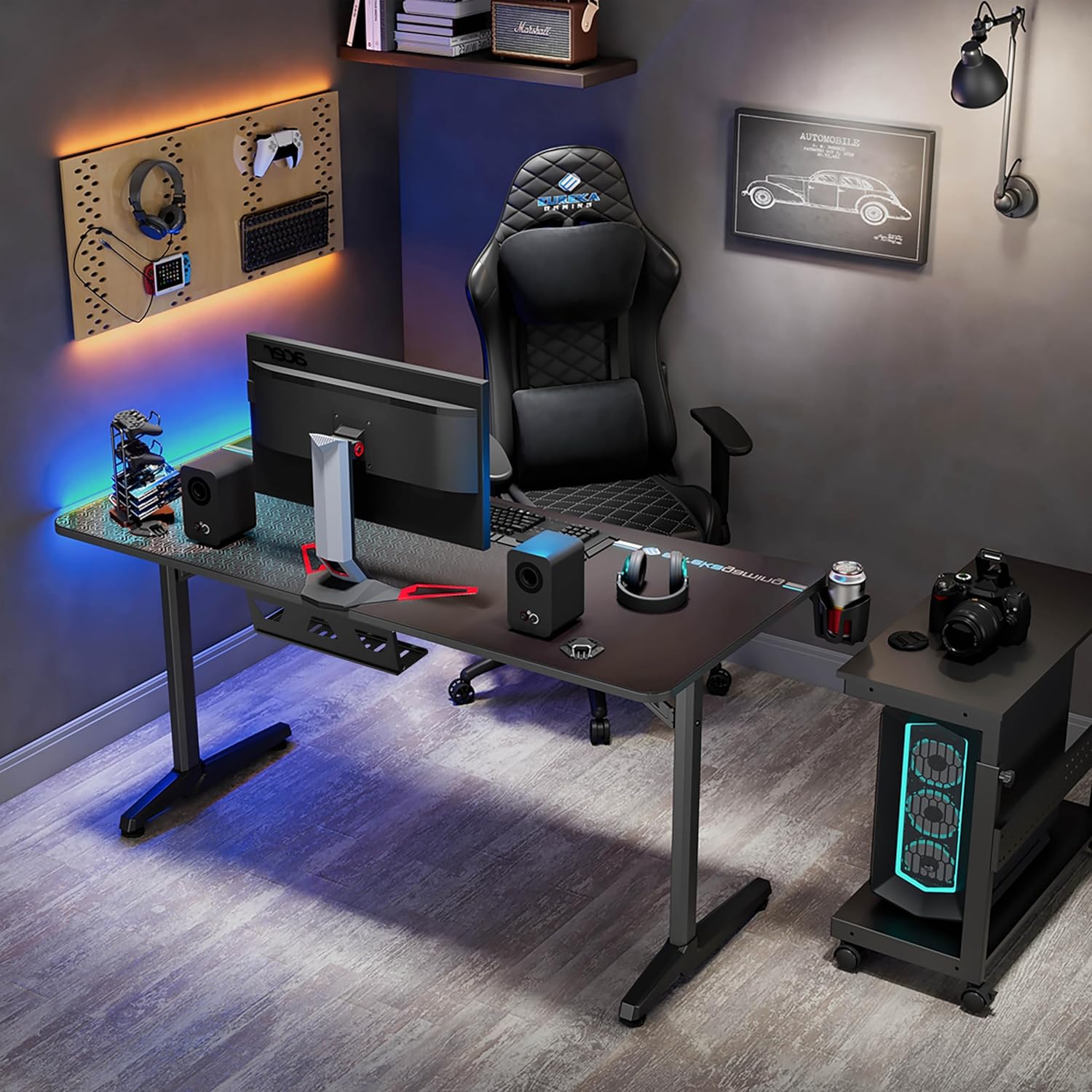 Bureau Gaming 152x70cm Bureau Gamer Bureau Informatique PC Grand avec Tapis de Souris, Porte-gobelet,Crochet pour Casque et Support de Manette 152 x 70 cm Noir