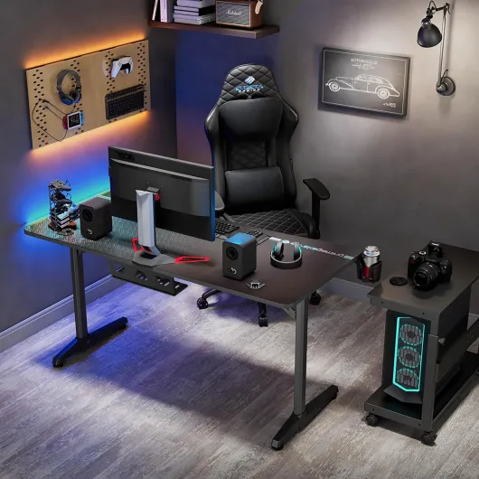 Bureau Gaming 152x70cm Bureau Gamer Bureau Informatique PC Grand avec Tapis de Souris, Porte-gobelet,Crochet pour Casque et Support de Manette 152 x 70 cm Noir