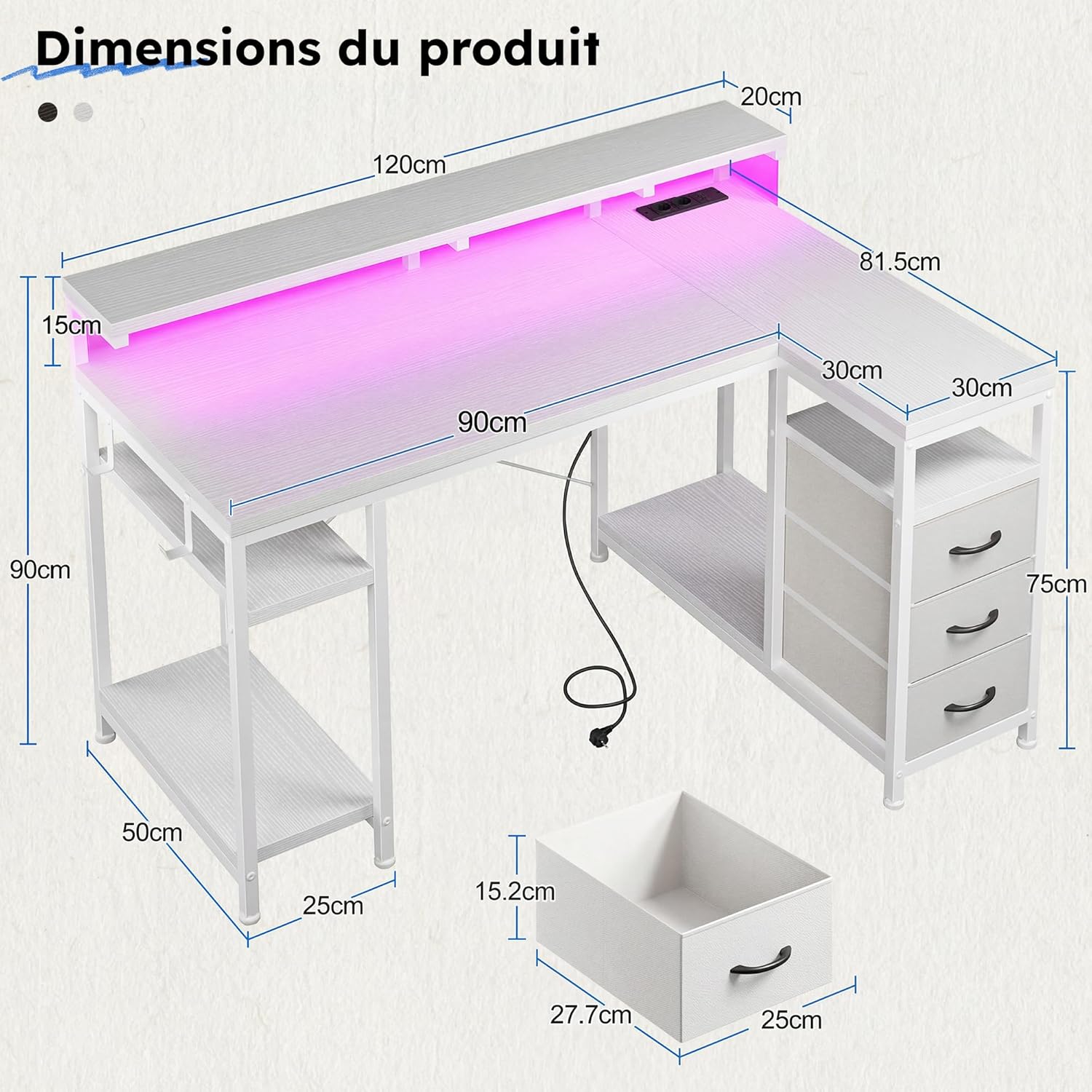 Bureau d'angle avec Rangement 3 Tiroirs, 120x80 Grand Bureau Gaming en L avec LED, Support d'écran,Port de Chargement USB et Prise de Courant,Table pour Travailler et Jouer,Bureaux à HomeOffice 120 x 80 cm Blanc