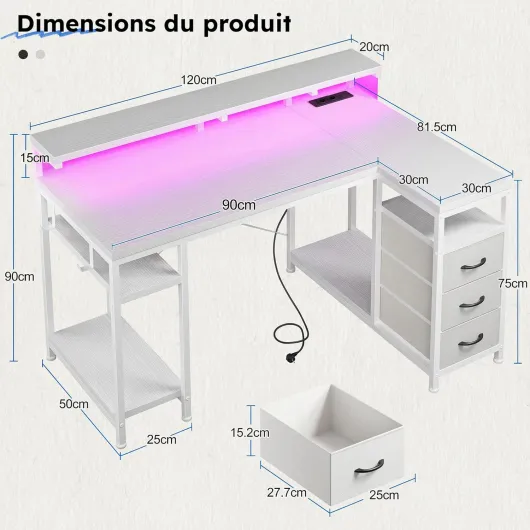 Bureau d'angle avec Rangement 3 Tiroirs, 120x80 Grand Bureau Gaming en L avec LED, Support d'écran,Port de Chargement USB et Prise de Courant,Table pour Travailler et Jouer,Bureaux à HomeOffice 120 x 80 cm Blanc