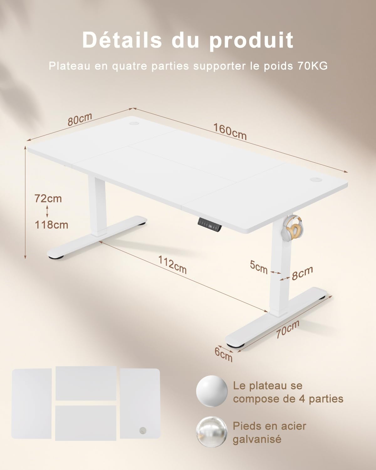 Bureau réglable en Hauteur 160 x 80 cm,3 Commandes de mémoire, Prise USB - Réglable en Hauteur - Système Anti-Collision - Bureau d'ordinateur Blanc Blanc + Blanc 160x80cm