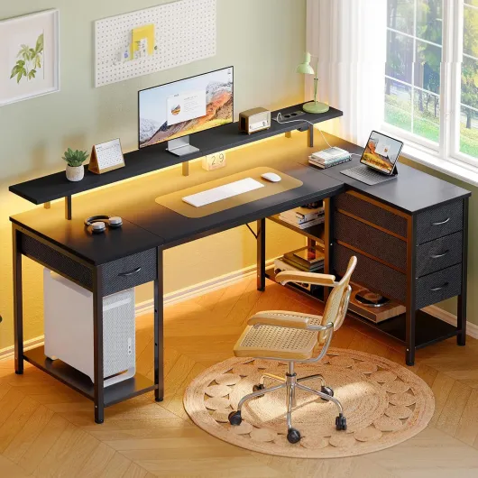 Bureau d’Angle en L 120 cm avec LED, Ports USB et Prise, tiroirs modulables et Support écran – Bureau Informatique Moderne avec rangements, Noir Noir 120 × 80 cm