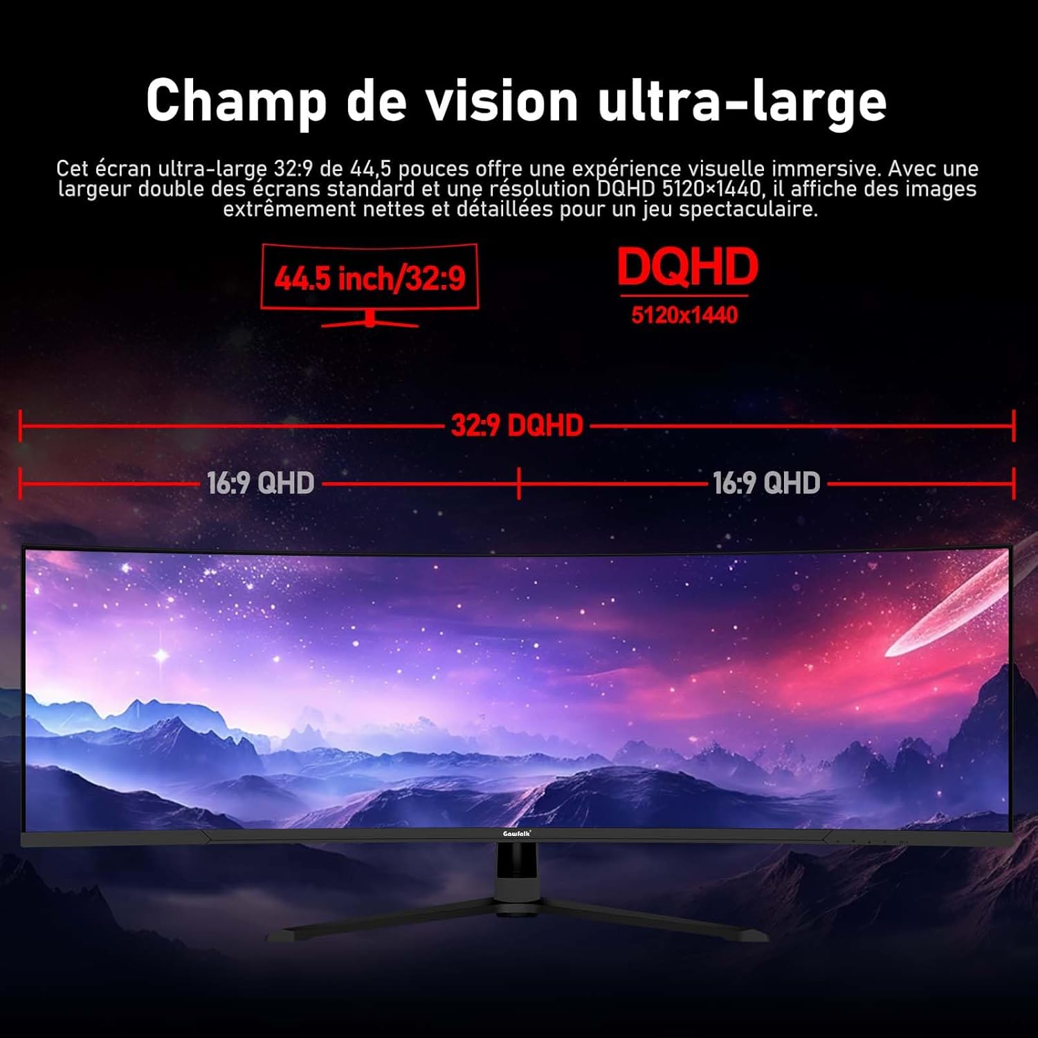 Écran PC Gaming incurvé Ultra-Large 45 Pouces, courbure 1500R, Moniteur DQHD(5120×1440), 240Hz, 1ms, FreeSync, 120% sRGB, Haut-Parleur intégré, Ports HDMI 2.1&DP 1.4, Compatible Murale –Noir
