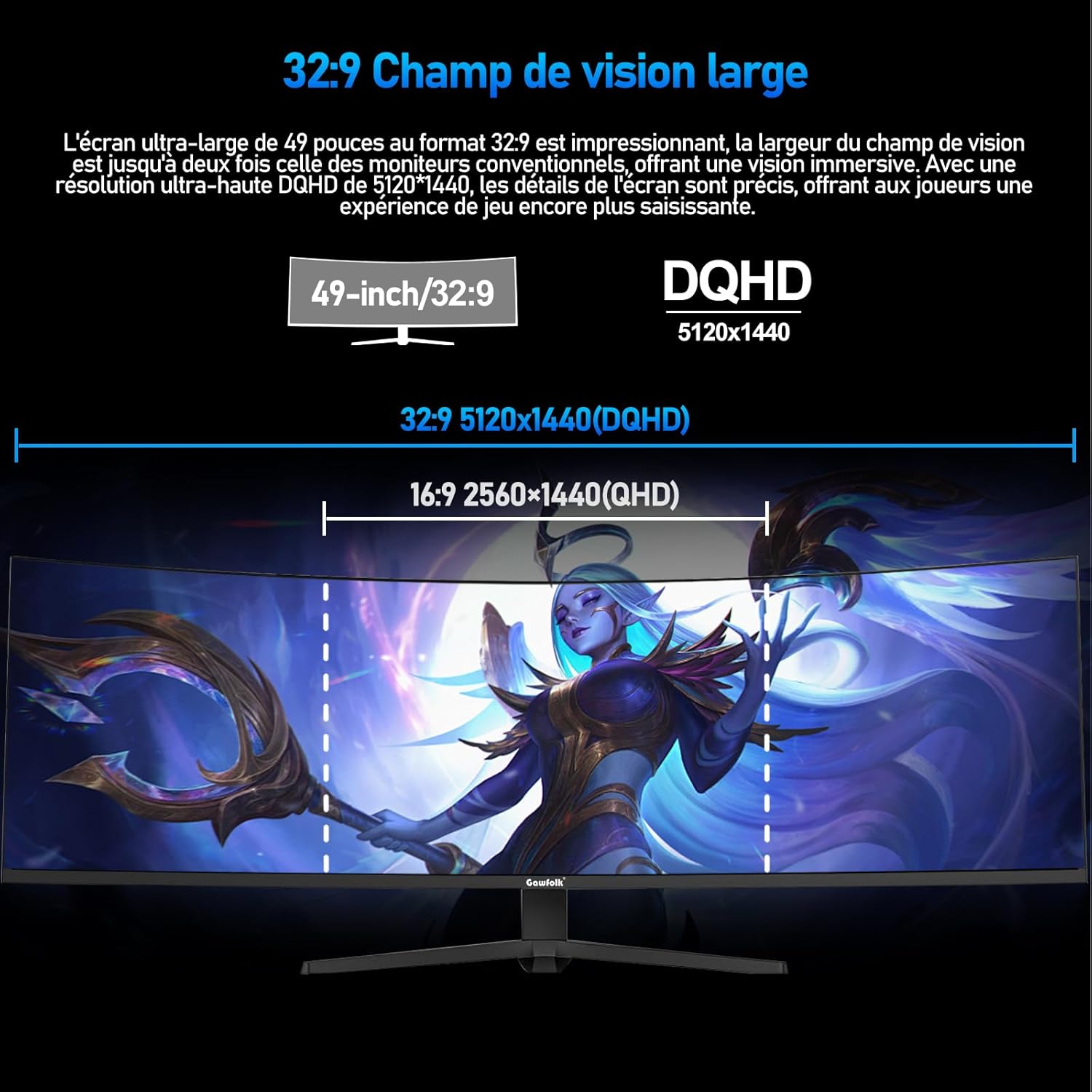 49 Pouces Écran PC d'ordinateur de Jeu 1500R Ultra-Large incurvé, DQHD (5120×1440), 165Hz, 1MS, FreeSync, 120% sRGB, Moniteur réglable en Hauteur, HDMI2.1、DP1.4, VESA 75 * 75mm-Noir