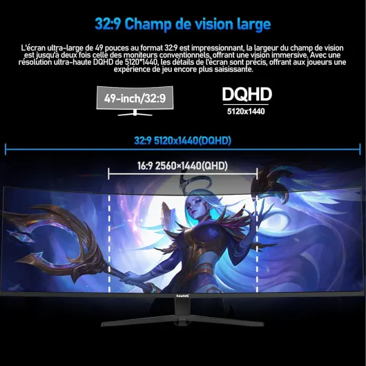 49 Pouces Écran PC d'ordinateur de Jeu 1500R Ultra-Large incurvé, DQHD (5120×1440), 165Hz, 1MS, FreeSync, 120% sRGB, Moniteur réglable en Hauteur, HDMI2.1、DP1.4, VESA 75 * 75mm-Noir
