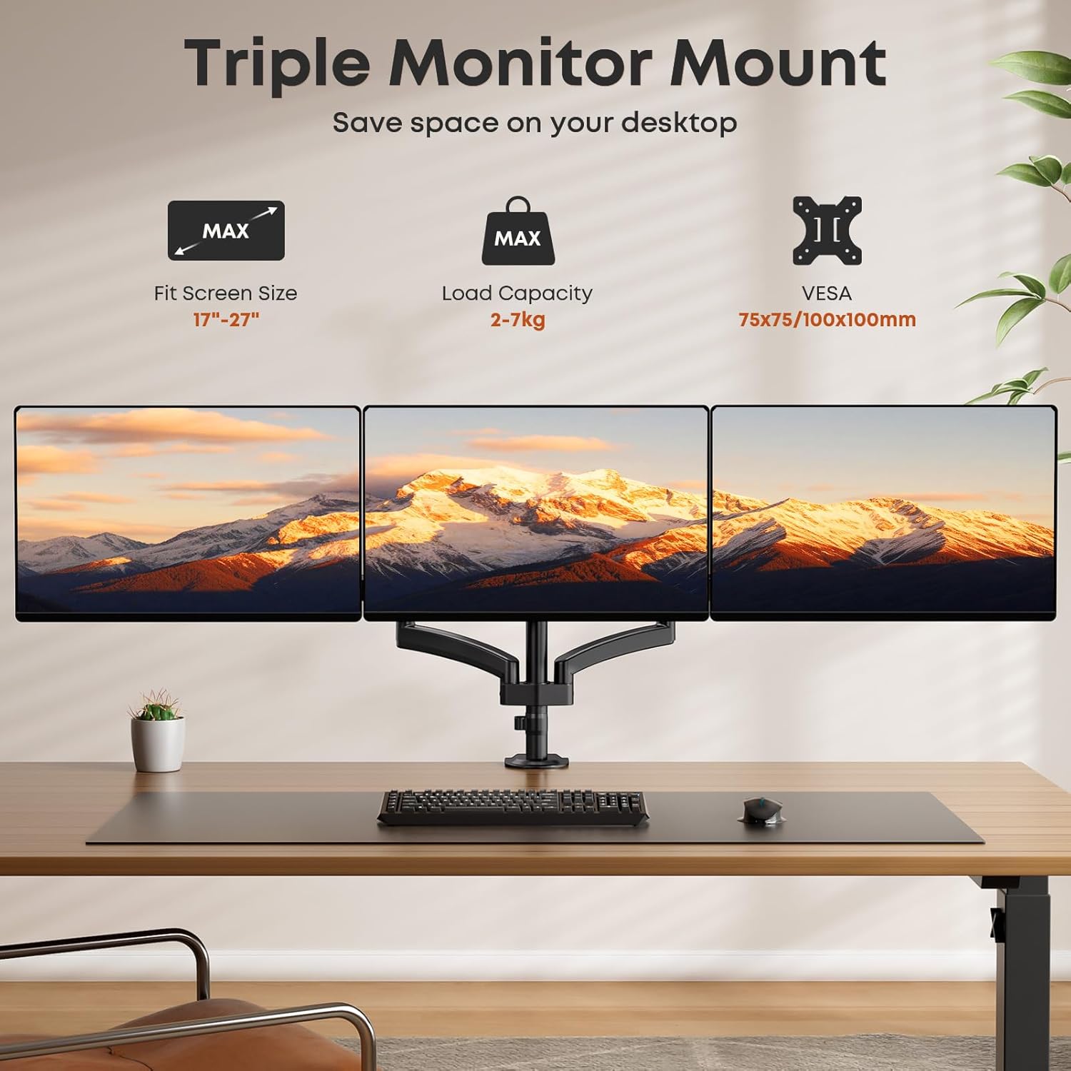 Support 3 Écran PC Moniteur, Premium Aluminium Bras Articulé Ergonomique Ressort Gaz pour Triple Écrans 17-27", Hauteur Réglable Inclinaison Pivot et Fixation Bureau, Bras Supporte 7kg GSMT-263