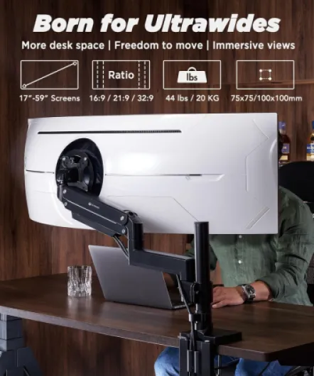 Bras Robuste pour Moniteur 57” – Hauteur Réglable avec Ressort Pneumatique, Support de Bureau VESA 75x75/100x100, Charge Max 20 kg, Noir, MA20P-S Noir Single Monitor Arm