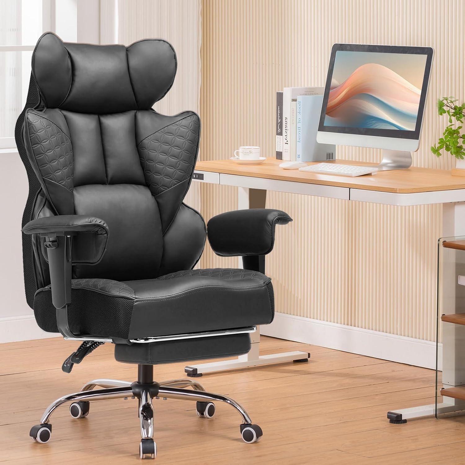Chaise de gaming ergonomique, chaise de bureau avec accoudoirs réglables, soutien lombaire à ressorts pour grandes et hautes personnes, 150 kg, large assise, noir Large Noir