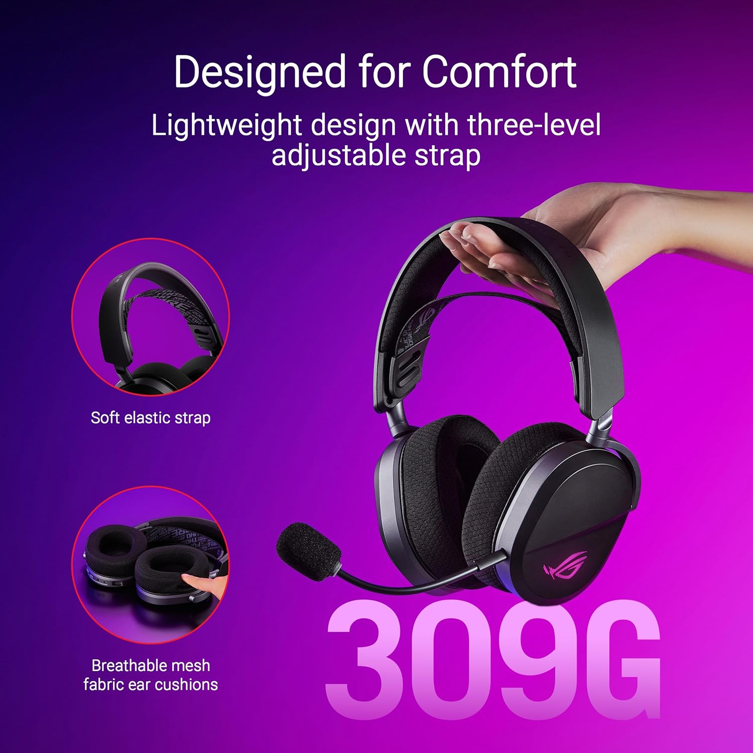ROG Pelta - Casque gaming sans fil - connectivité tri-mode avec Speednova, membranes de 50mm plaquées en titane, micro à bande ultralarge de 10mm, batterie de 60 heures, conception légère de 309g
