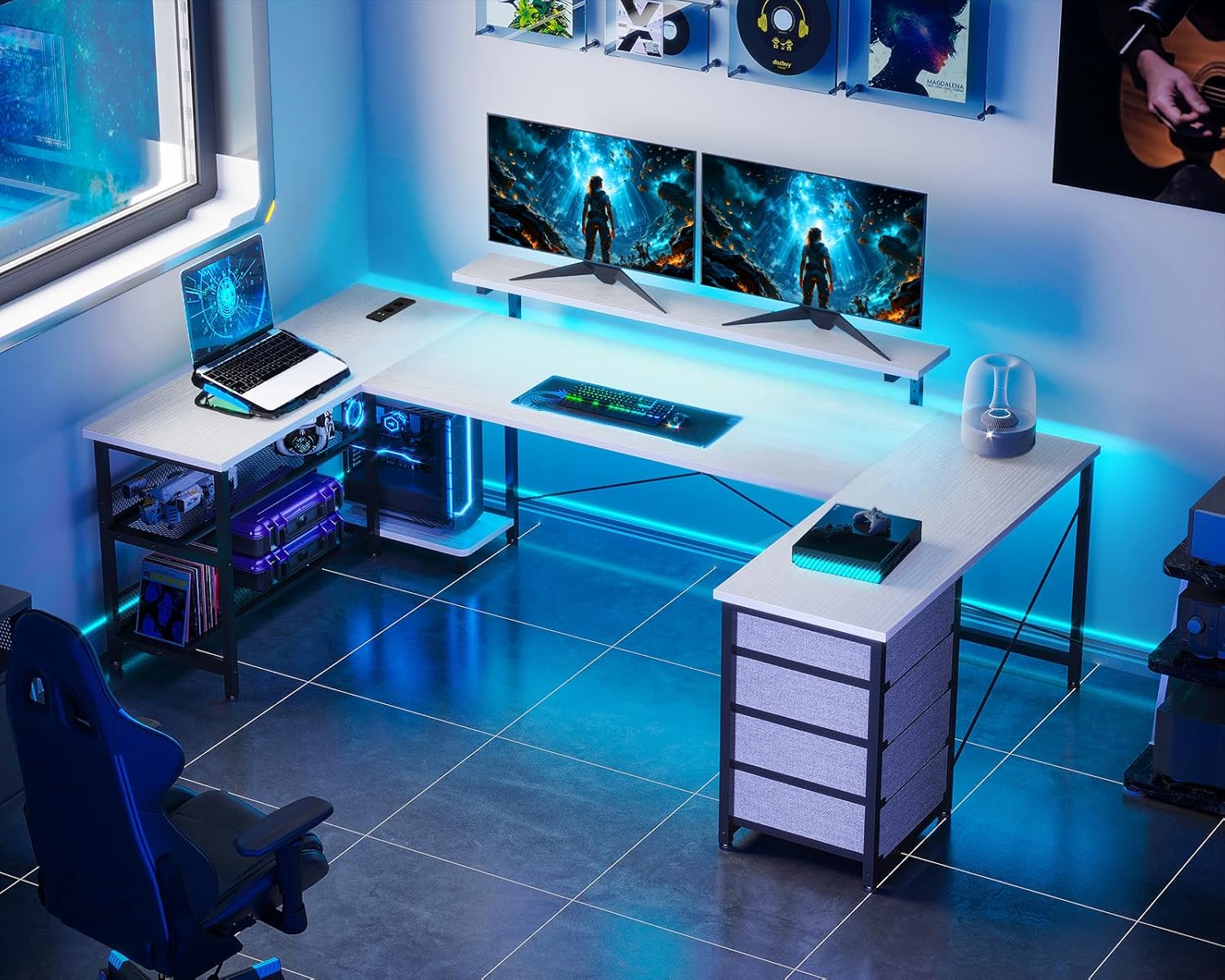 Bureau avec Tiroirs, Bureaux d'angle Réversible avec Multiprise, LED et Support pour Moniteur pour Bureau à Domicile, 167×102 cm, Blanc