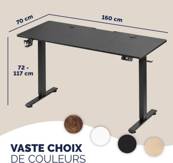 ® Bureau électrique réglable en Hauteur Noir 160 x 70 cm écran LCD 72-117 cm Bureau Assis Debout Structure résistante Ajustable Porte gobelet Chargeur sans Fil