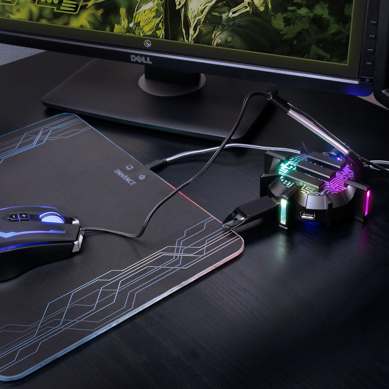 ENHANCE Support de Câbles Bungee Pro Souris Gaming avec 4 Ports Hub USB, Bras Métallique Flexible, 7 Modes Eclairage LED, Gestion de Câbles