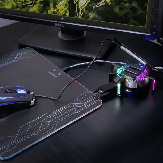 ENHANCE Support de Câbles Bungee Pro Souris Gaming avec 4 Ports Hub USB, Bras Métallique Flexible, 7 Modes Eclairage LED, Gestion de Câbles