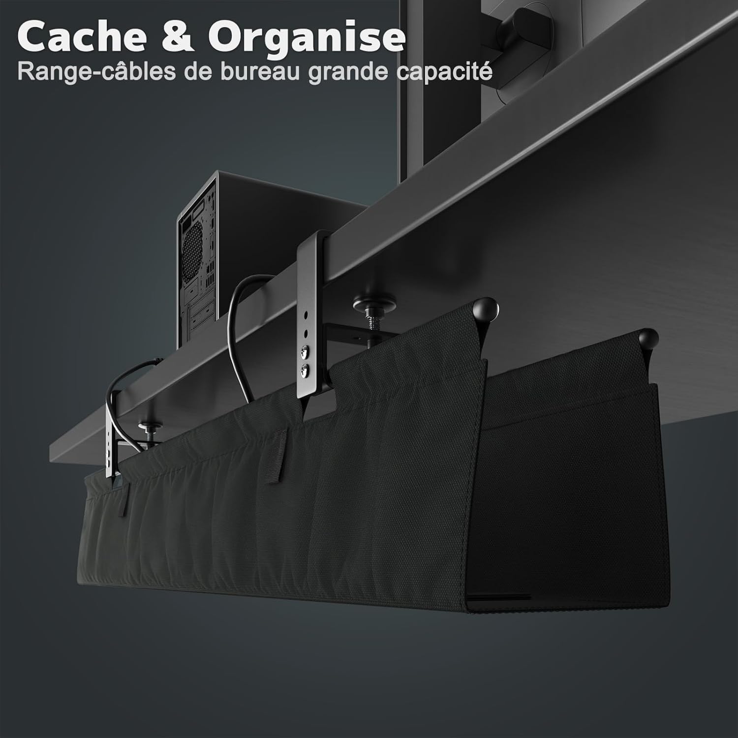 Cable Management Bureau Sans Perçage, Under Desk Cable Management Tray 90cm avec Fixation par Pinces/Vis, Range-Câbles en Tissu Stable et Imperméable pour Maison et Bureau, Noir