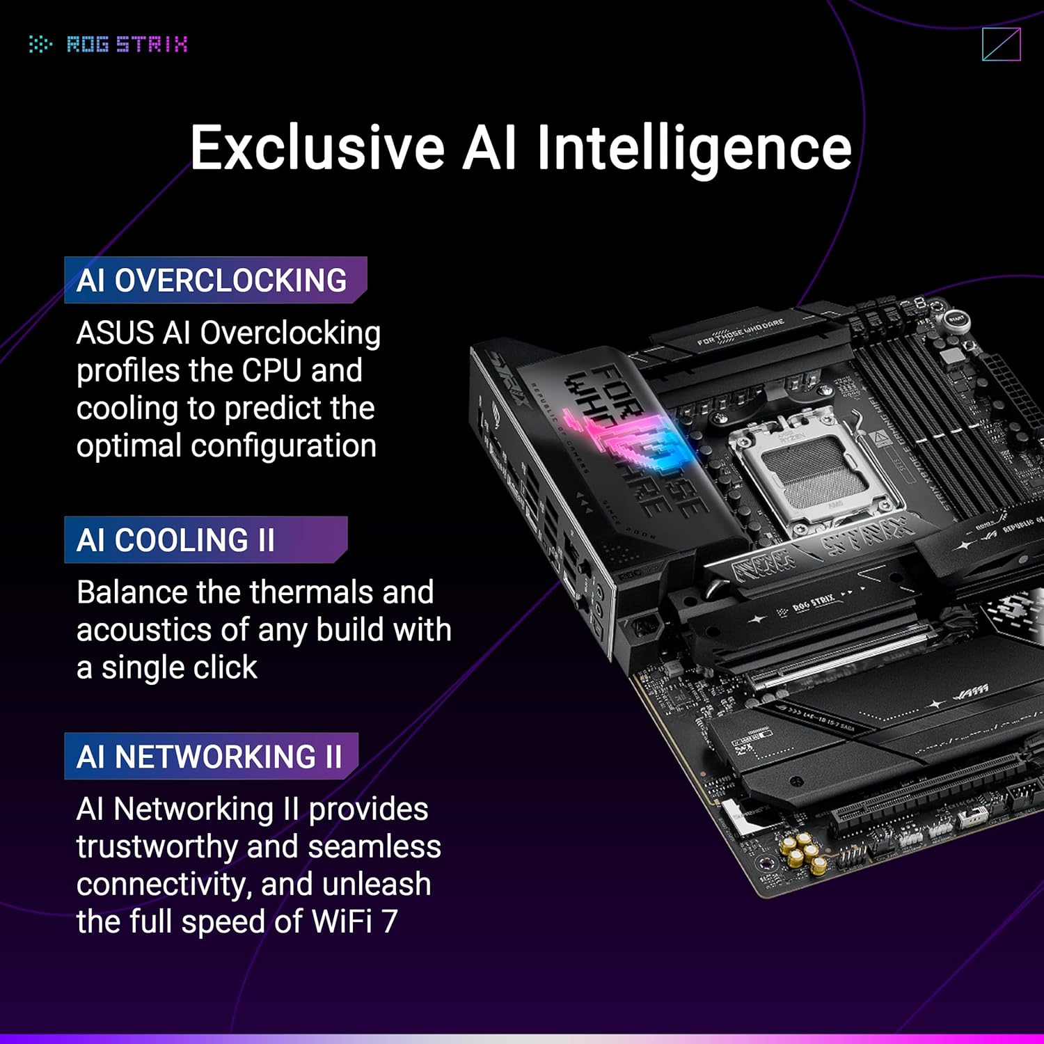 ROG Strix X870E-E Gaming WiFi – Carte mère Gaming AMD Ryzen AM5 X870E ATX (DDR5, 18+2+2 DrMOS, 5 x M.2, PCIe 5.0, WiFi 7, USB4 Type-C, USB 20Gbps Type-C up to 30W, HDMI, Aura Sync RGB) ROG STRIX X870E-E GAMING WIFI ATX