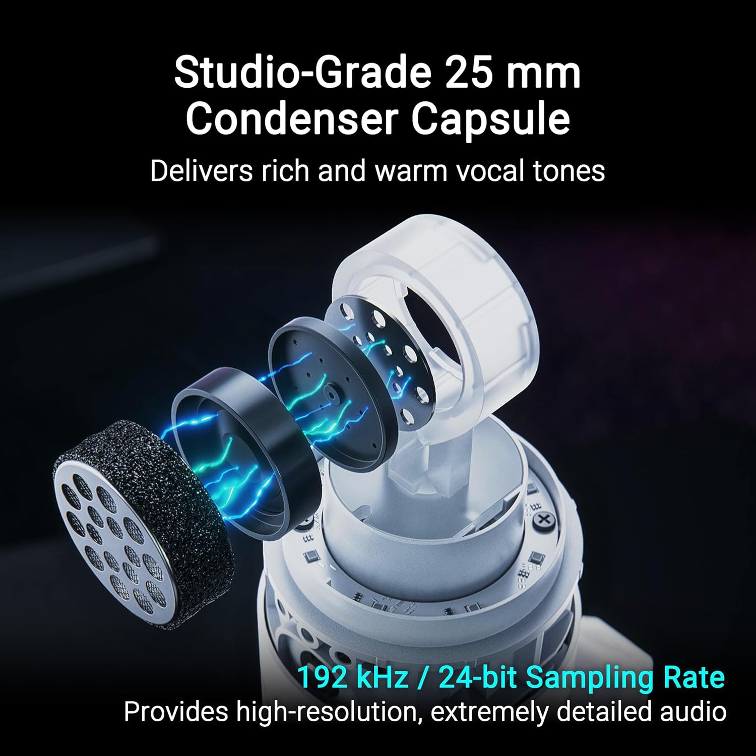 ROG Carnyx White - Microphone professionnel gaming à condensateur cardioïde, capsule à condensateur de 25 mm de qualité studio, fréquence d'échantillonnage de 192 kHz / 24 bits, filtre passe-haut Blanc