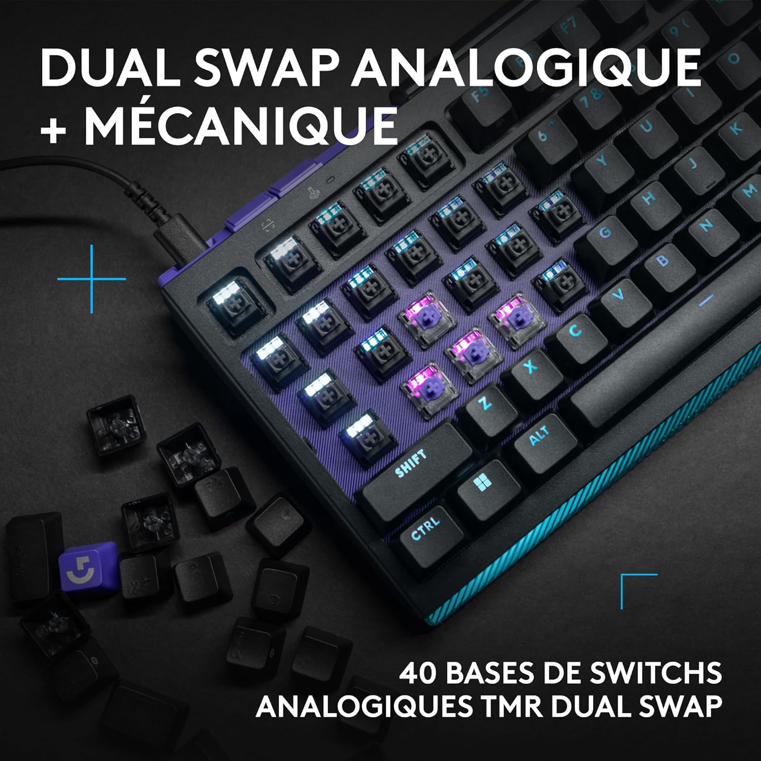 G512 X 98 Dual Swap, Clavier Gaming TMR analogique/mécanique à switchs échangeables, taux d'interrogation 8K, déclenchement Rapide, RVB LIGHTSYNC, Filaire, PC, Mac, Français AZERTY - Noir Noir Clavier Gamer