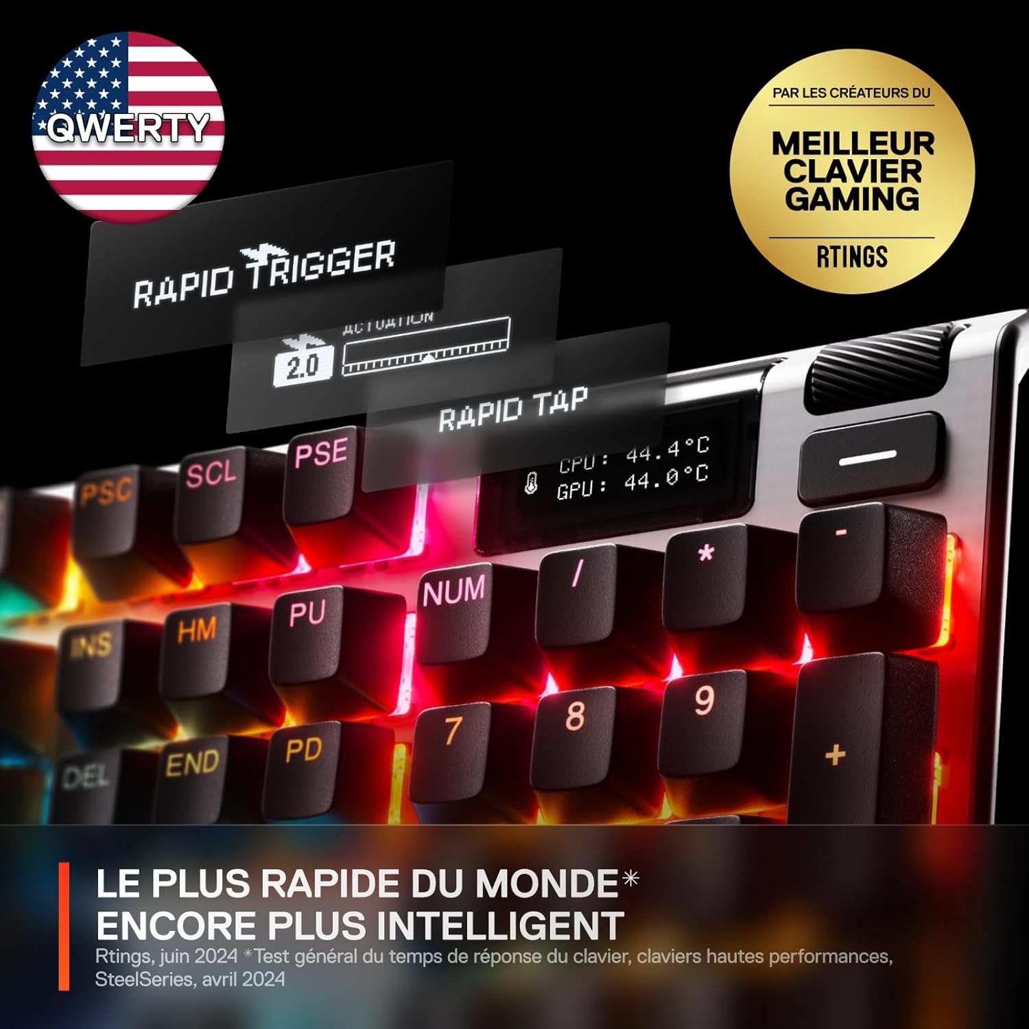 Apex Pro Gen 3 - Clavier Gamer HyperMagnetic - Switches OmniPoint 3.0 - Actionnement Ajustable - Toucher Rapide/SOCD - OLED - RGB - Capuchons PBT - USB-C - US Layout QWERTY Américain QWERTY