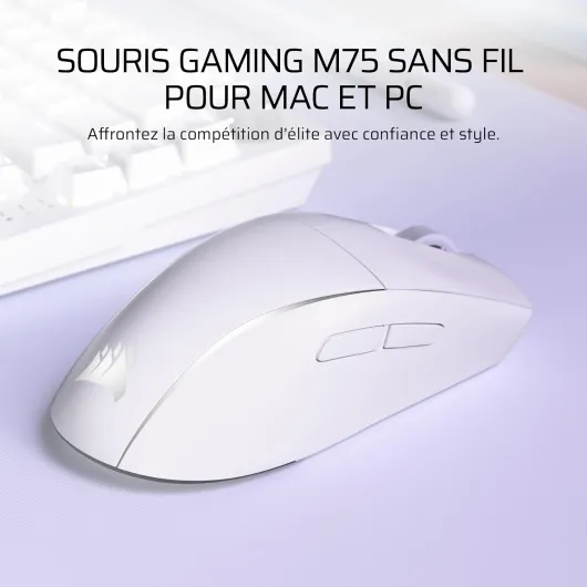 M75 sans Fil RGB Poids Léger Ambidextre FPS Souris Gaming – 26 000 DPI, Boutons latéraux magnétiques échangeables, Jusqu’à 105Hr Batterie – Mac, iPad, PC – Blanc Givré