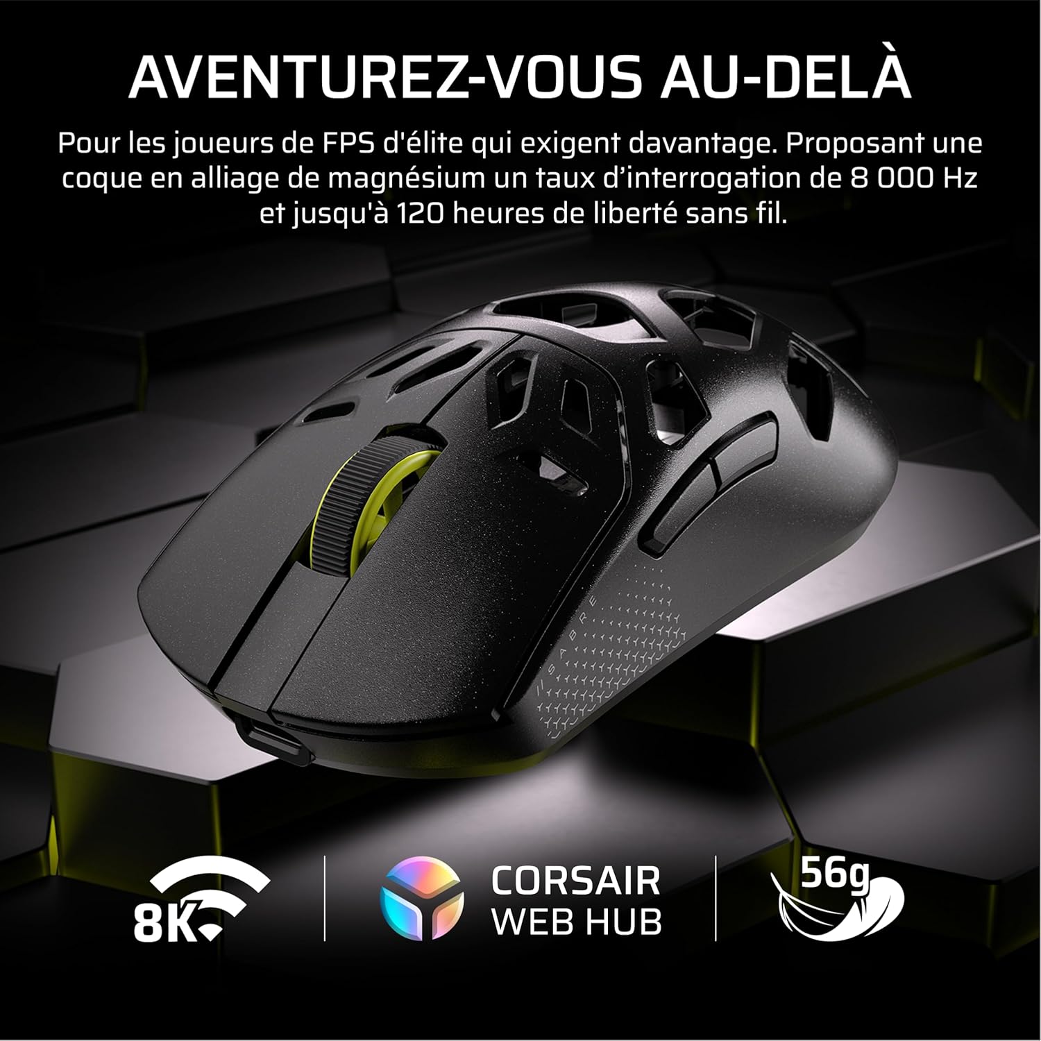 Sabre v2 Pro MG sans Fil Souris Gaming – 33 000 DPI, D’Interrogation de 8 000 Hz, Coque en Alliage de Magnésium de 56 g, Jusqu'à 170 Heures D'autonomie de la Batterie, Web Hub – Noir