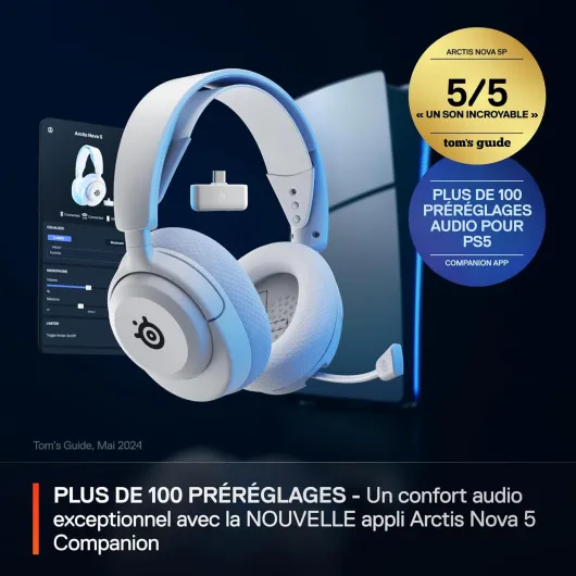 Arctis Nova 5P Wireless Casque Gaming - Haut-parleurs magnétiques néodyme - Plus de 100 profils Audio - Batterie 60h - 2,4GHz ou BT - Micro ClearCast Gen 2.X -PS5,PS4, PC, Switch 2 -Blanc Nova Blanc