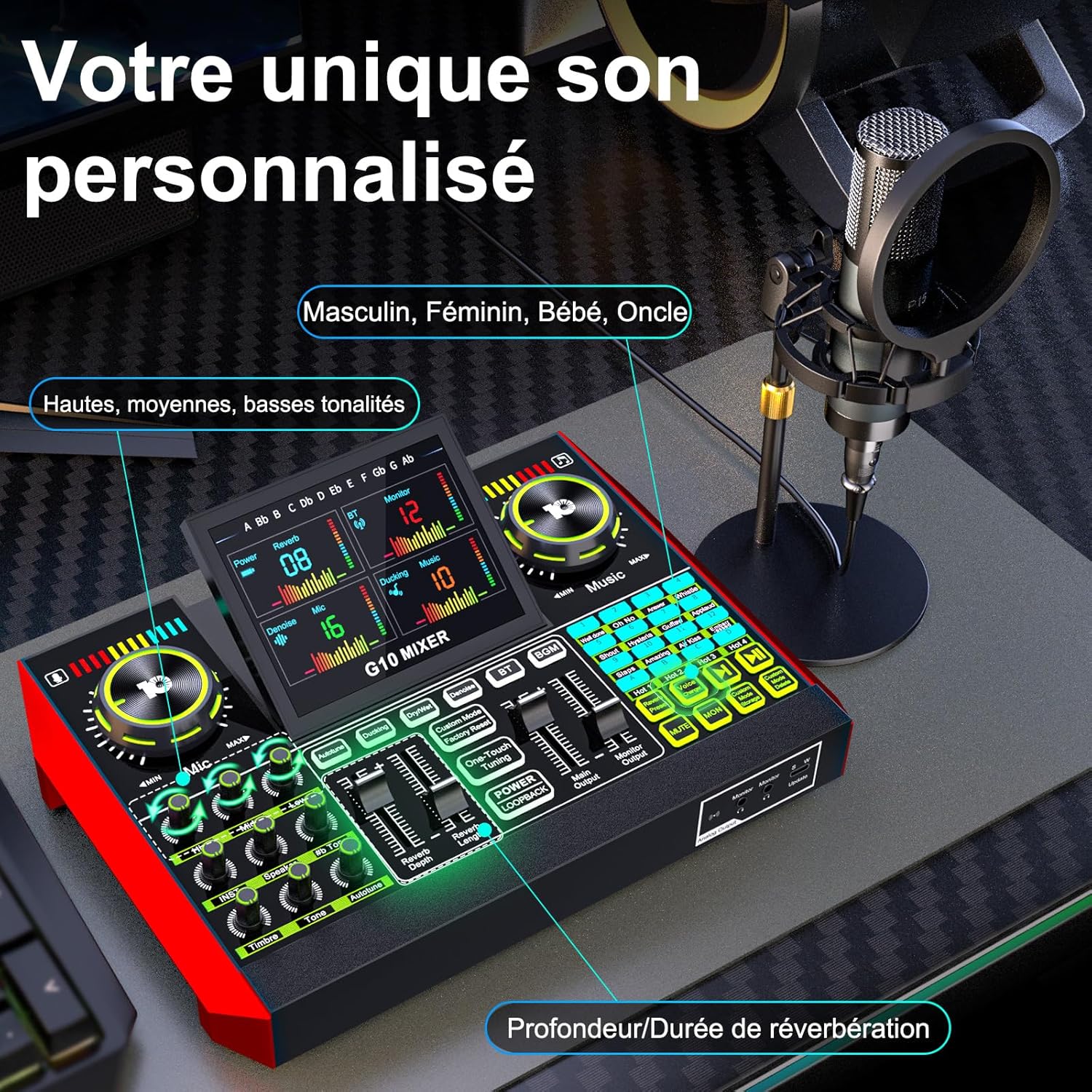 G10 Kit Podcast avec Micro Condenseur P15 et Table de Mixage Live Sound Board - Changeur de Voix, Réduction de Bruit, Mode Follow Singing Karaoké pour Streaming, Gaming, Chant, Podcast Débutant G10-P15 Micro rond