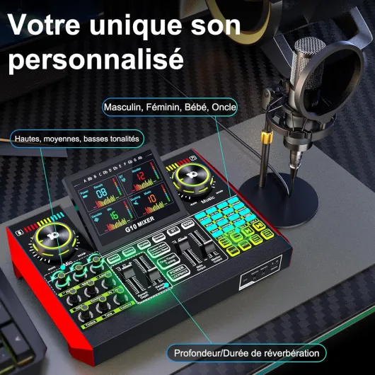 G10 Kit Podcast avec Micro Condenseur P15 et Table de Mixage Live Sound Board - Changeur de Voix, Réduction de Bruit, Mode Follow Singing Karaoké pour Streaming, Gaming, Chant, Podcast Débutant G10-P15 Micro rond