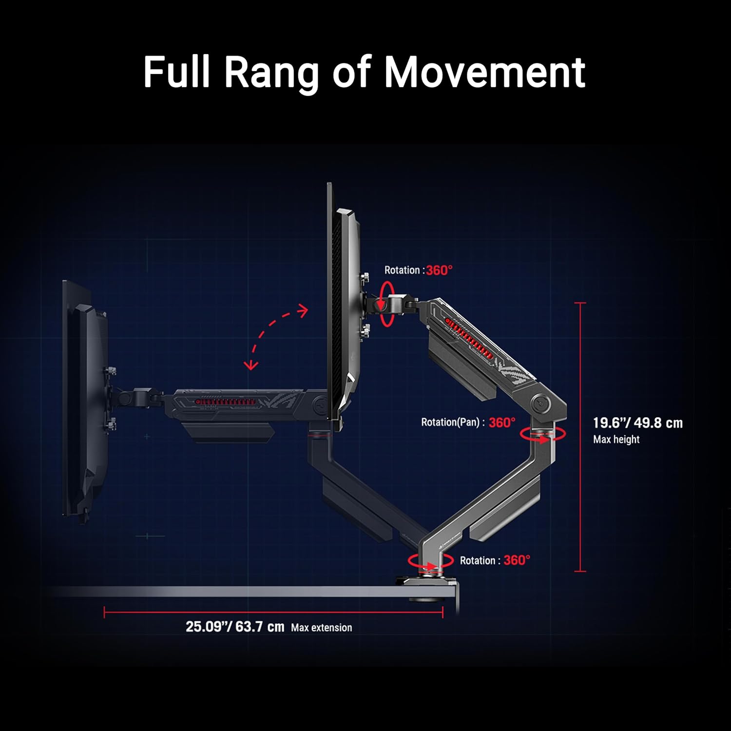 ROG Ergo Bras de Moniteur (Support de Moniteur, canaux de Gestion des câbles, pour écrans jusqu'à 39", Poids jusqu'à 11,5 kg, Compatible avec Support VESA de 100 x 100 mm bis zu 39 Zoll Support pour écran ROG Ergo Arm