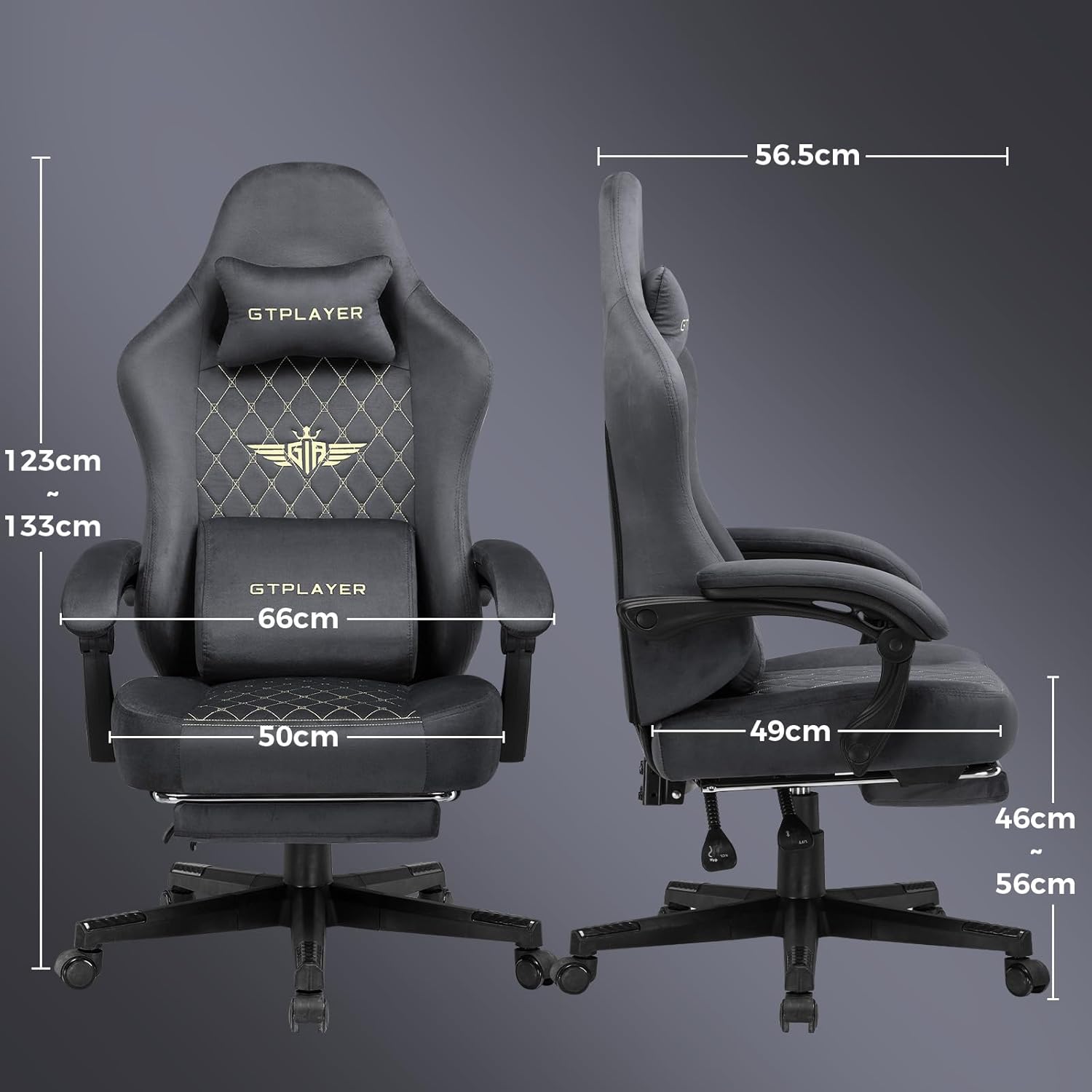 Chaise de Gaming Ergonomique en Tissu - Charge maximale : 150 kg - Réglable et rotative - avec Coussin d'assise à Ressort et Repose-Pieds - Gris