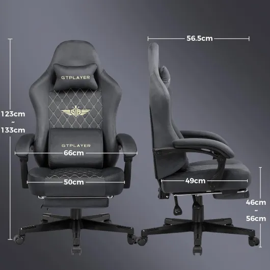 Chaise de Gaming Ergonomique en Tissu - Charge maximale : 150 kg - Réglable et rotative - avec Coussin d'assise à Ressort et Repose-Pieds - Gris