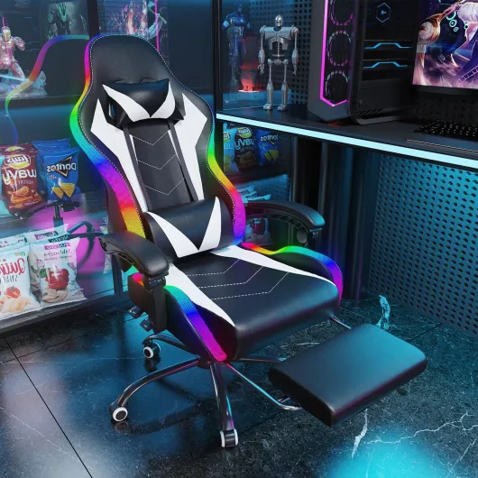 Chaise de Jeu à Lumière RGB LED de Style Gaming, 366 Modes d’Éclairage, Tissu PU Résistant à la Saleté, Reposes-Bras Synchronisés, Coussin Lombaire à Massage USB (Blanc)