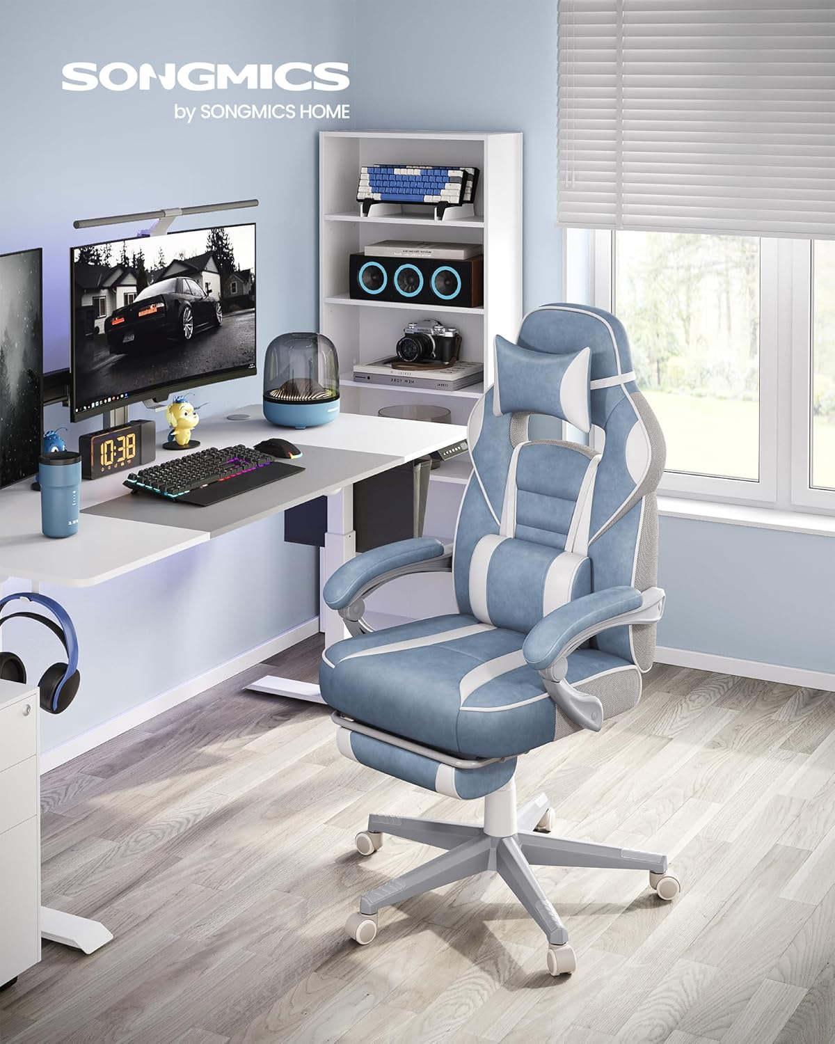 Fauteuil de Bureau, Chaise Gaming, Réglable, Repose-Pieds Télescopique, Mécanisme à Bascule, Appui-tête, Support Lombaire, Charge 150 kg, Bleu Lac et Blanc Crème OBG073Q01 Bleu Lac + Blanc Crème