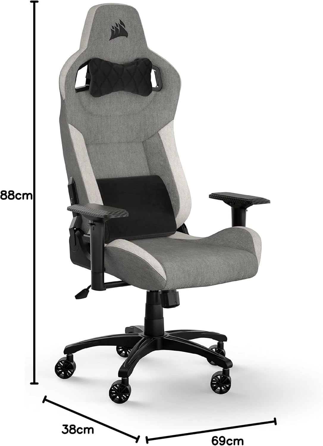 T3 RUSH Fabric (2023) Fauteuil Gaming – Inspiré des Sports Automobiles – Revêtement en Tissu Doux – Coussin Détachable pour La Nuque et Support Lombaire à Mémoire de Forme – Gris et Blanc Grey & White 2023 Version