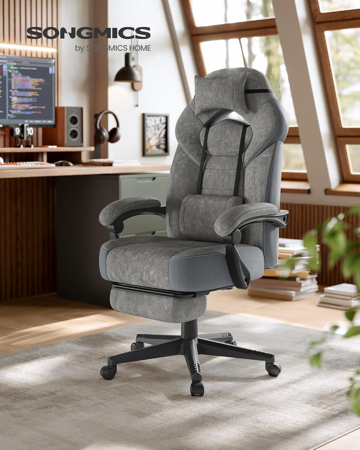 Chaise de Jeu, Chaise d'Ordinateur, Ergonomique, avec Repose-Pieds, Coussin de Tête Ajustable, Support Lombaire, Capacité de Charge de 150 kg, Gris Ardoise OBG077G01