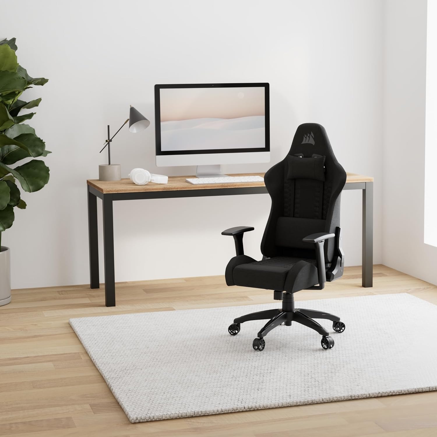TC100 Relaxed Fauteuil Gaming - Tissu - Design Inspiré des Sports Automobiles - Coussin Lombaire - Coussin Repose-Nuque Détachable en Mousse à Mémoire de Forme - Noir Tissu Noir