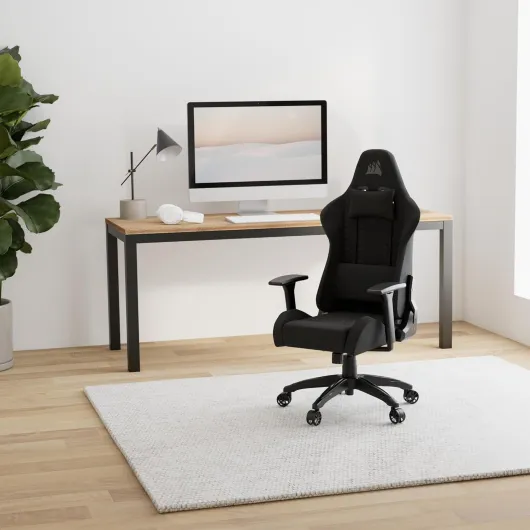 TC100 Relaxed Fauteuil Gaming - Tissu - Design Inspiré des Sports Automobiles - Coussin Lombaire - Coussin Repose-Nuque Détachable en Mousse à Mémoire de Forme - Noir Tissu Noir