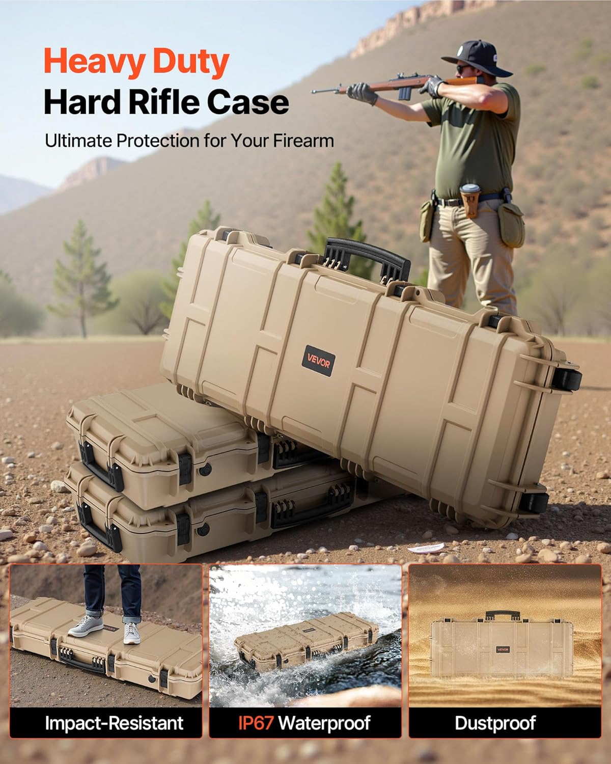 Étui Rigide pour Fusil Verrouillable, Mallette pour Armes Longues avec Mousses Prédécoupées et Roues, Valise à Arme Étanche IP67 et Anti-poussière, Rangement pour Carabine 133,5 cm Kaki