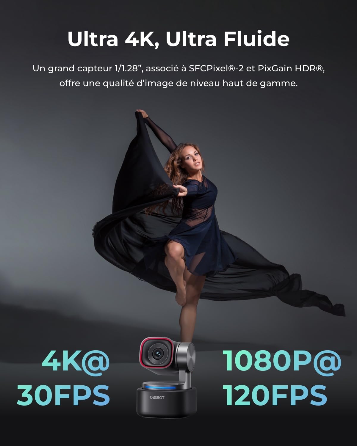 Tiny 3 AI-Powered Spatial Audio 4K Webcam, Caméra PTZ AI Tracking, Capteur 1/1,28", Tri-Mic, Controllo Vocale & Gestuale, 120FPS, HDR, Web cam pour PC, Portable, Streaming & Meeting, Switch 2.