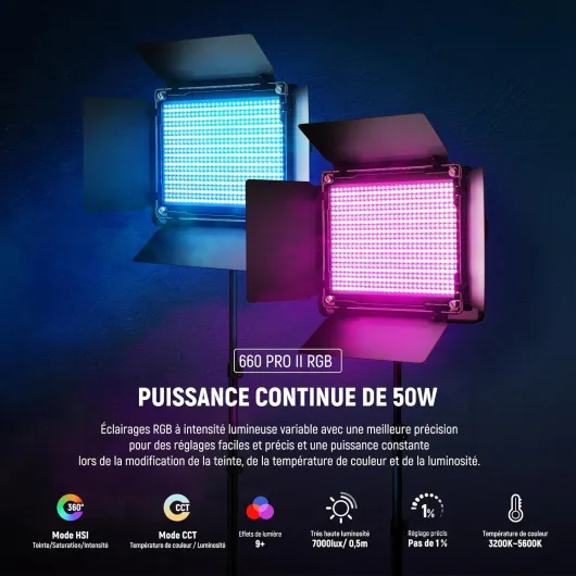 660 Pro II RGB Lampe Vidéo avec Contrôle App et Trépieds, Pack de 2 50W Éclairage Panneau LED avec 7000lux CRI97+ 3200K~5600K Lumiere pour Streaming de Jeux Enregistrement Youtube Photo Studio RGB660 PRO II avec chiffon nettoyage