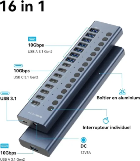 Hub USB 3.2 avec 16 ports (8 ports USB-A 3.2 + 8 ports USB-C 3.2), hub USB en aluminium, alimenté par un adaptateur secteur de 96 W, hub USB pour PC/ordinateur portable, ordinateur, clé USB