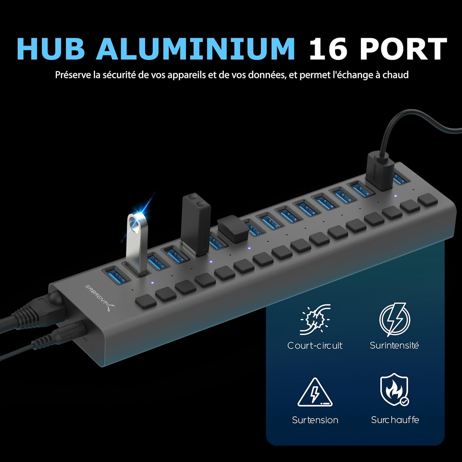 Hub USB Alimenté, 5 Gbps Docking Station avec 16 Ports, 12V/7.5A 90W Adaptateur Alimentation, Port USB Multiple pour PC des Commutateurs Individuels et Indicateurs LEDs (HB-PU16) 16 Ports de données Chargeur