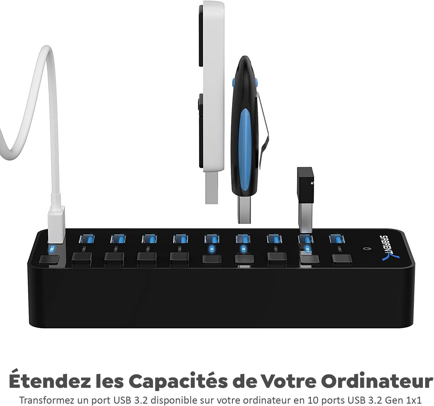 Hub USB Alimenté,10 Port Docking Station 5 Gbps, 12V/5A 60W Adaptateur Alimentation, Port USB Multiple pour PC avec des commutateurs et LED des voyants d'alimentation individuels (HB-BU10) 10 ports