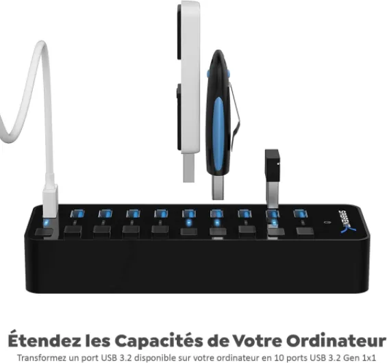Hub USB Alimenté,10 Port Docking Station 5 Gbps, 12V/5A 60W Adaptateur Alimentation, Port USB Multiple pour PC avec des commutateurs et LED des voyants d'alimentation individuels (HB-BU10) 10 ports