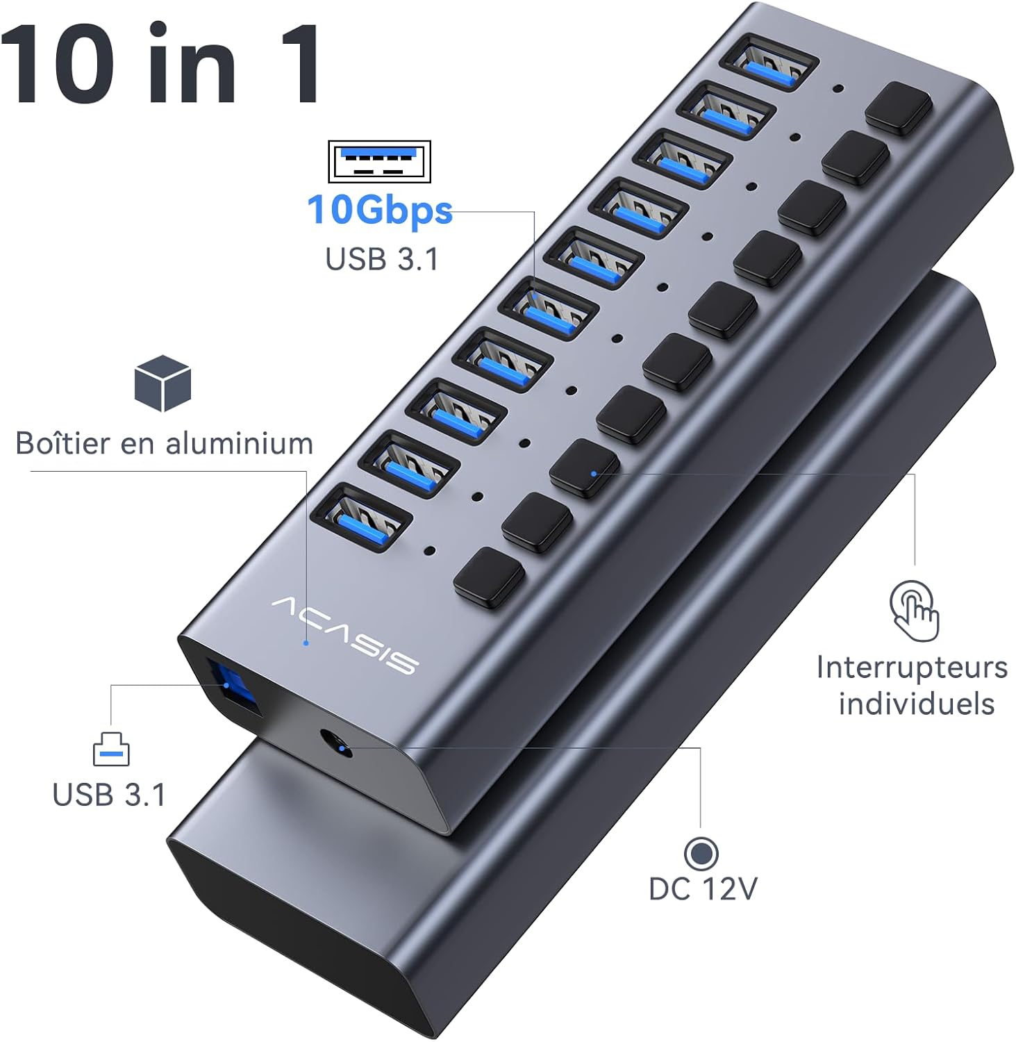 Hub USB 3.2 alimenté 10 Ports, Hub USB 10Gbps avec Interrupteurs Individuels, Adaptateur d'alimentation 48 W, Multiports hub USB pour PC/Ordinateur Portable/Clé USB/Imprimante/Appareil Photo HS710